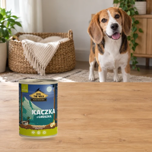 Kaczka z Gruszką 400g Pokusa Feel The Wild monoproteinowa karma dla psa — w domu z psem