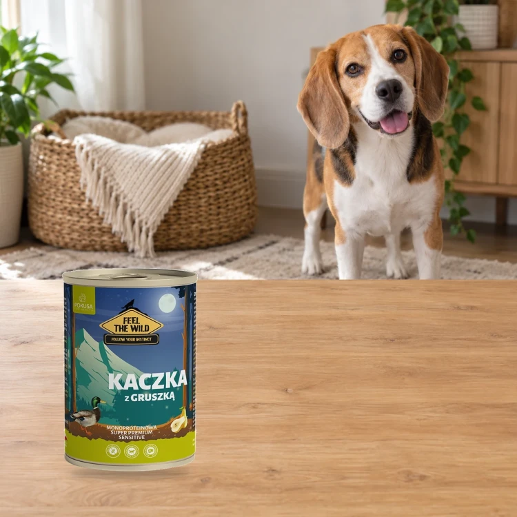 Kaczka z Gruszką 400g Pokusa Feel The Wild monoproteinowa karma dla psa — w domu z psem