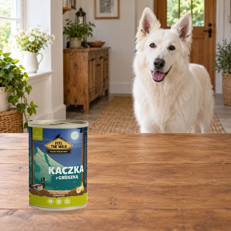 Kaczka z Gruszką 800g Pokusa Feel The Wild monoproteinowa karma dla psa — w domu z psem