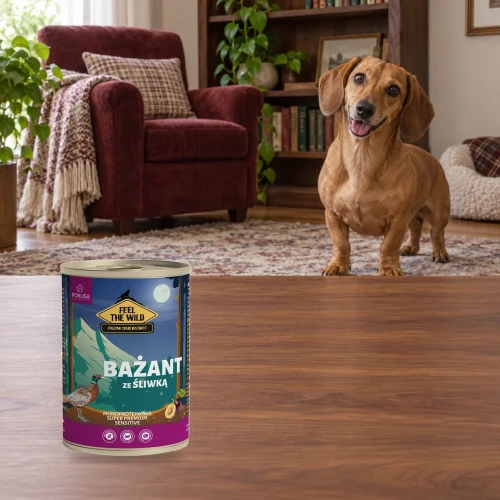 Bażant ze Śliwką 400g Pokusa Feel The Wild monoproteinowa karma dla psa — w domu z psem