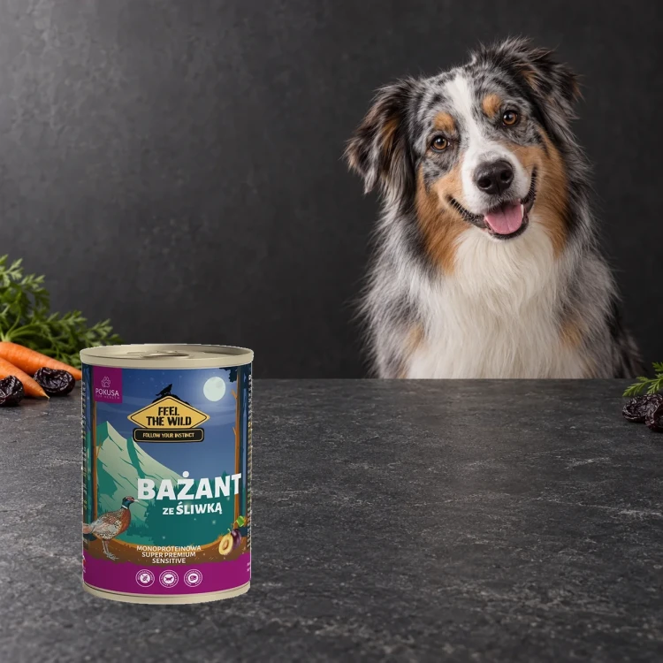 Bażant ze Śliwką 800g Pokusa Feel The Wild monoproteinowa karma dla psa — z psem