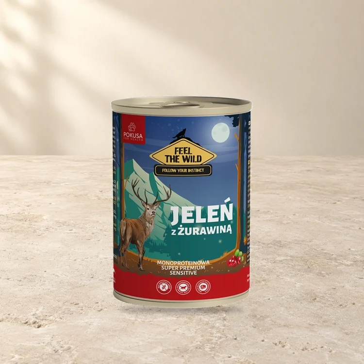 Jeleń z Żurawiną 400g Pokusa Feel The Wild monoproteinowa karma dla psa — na jasnym tle