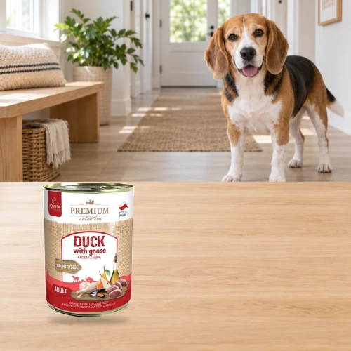 Kaczka z Gęsią 400g Premium Selection Pokusa karma mokra dla psa — w domu z psem