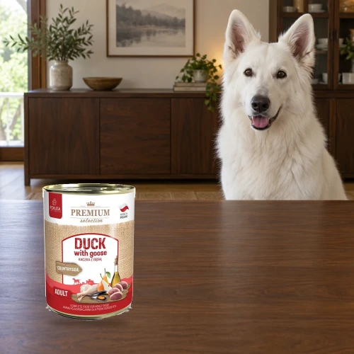 Kaczka z Gęsią 800g Premium Selection Pokusa karma mokra dla psa — w domu z psem