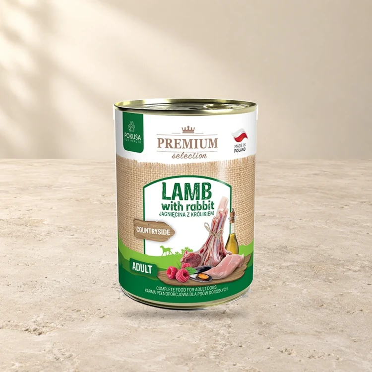 Jagnięcina z Królikiem 800g Premium Selection Pokusa karma mokra dla psa — na jasnym tle