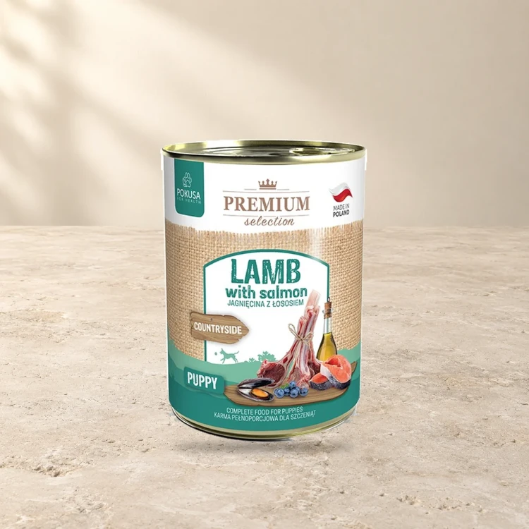 Jagnięcina z Łososiem 800g Pokusa Premium Selection karma mokra dla psich szczeniąt — na jasnym tle