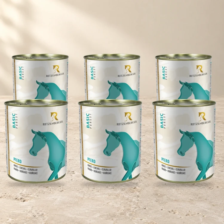 Ritzenberger Konina Sensitiv 6 × 800 g – zestaw puszek karmy mokrej dla psa — na jasnym tle