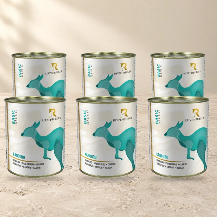 Ritzenberger Kangur Sensitiv 6 × 800 g – zestaw puszek karmy mokrej dla psa — na jasnym tle