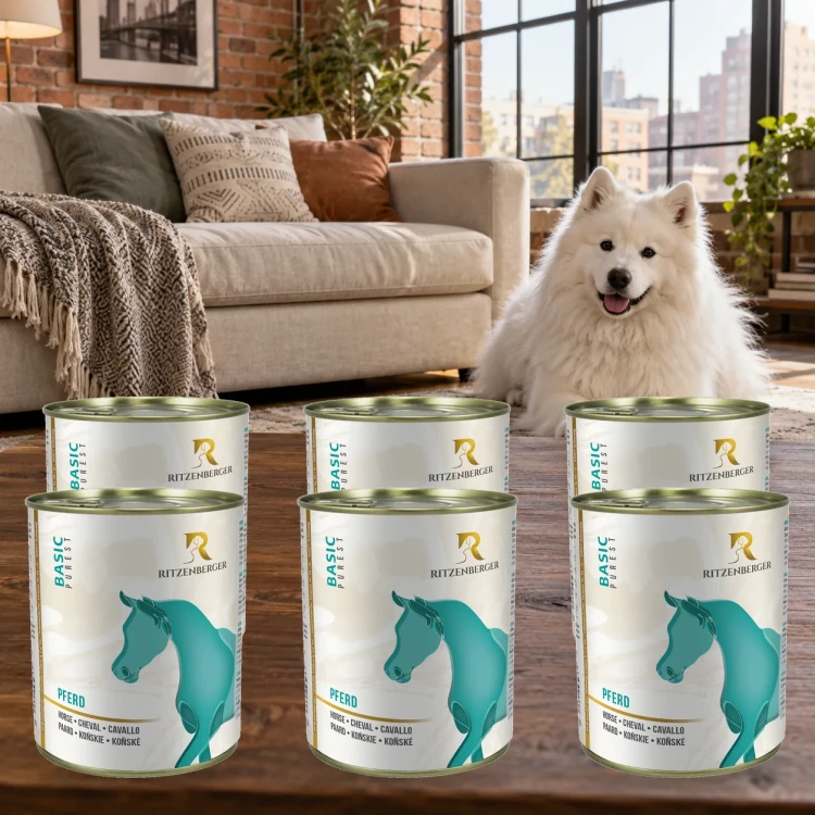 Ritzenberger Konina Sensitiv 6 × 800 g – zestaw puszek karmy mokrej dla psa — w domu z psem
