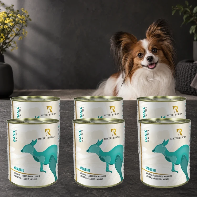 Ritzenberger Kangur Sensitiv 6 × 800 g – zestaw puszek karmy mokrej dla psa — z psem