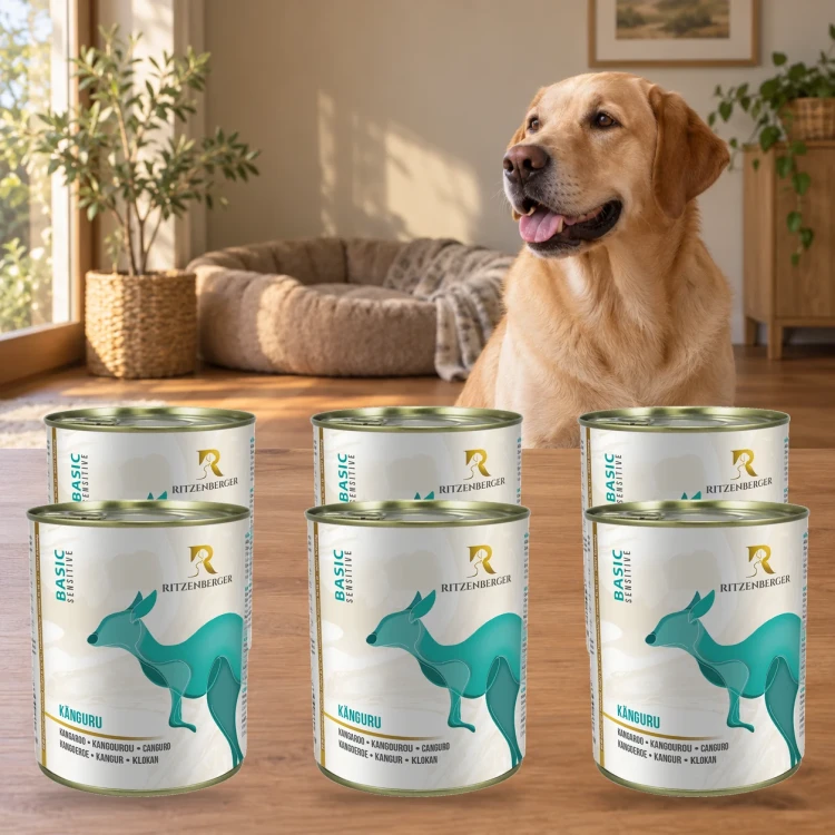Ritzenberger Kangur Sensitiv 6 × 800 g – zestaw puszek karmy mokrej dla psa — w domu z psem