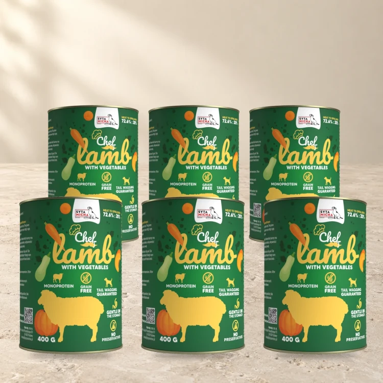 Syta Micha Jagnięcina z warzywami 6x400g – mokra karma dla psa — na jasnym tle