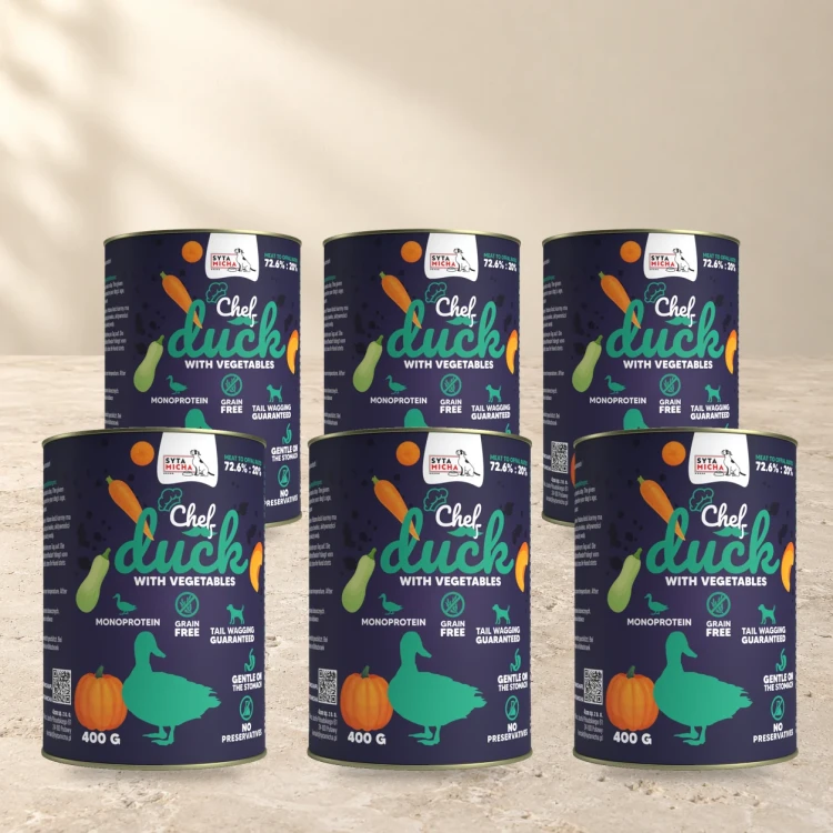Syta Micha Kaczka z warzywami 6x400g – mokra karma dla psa — na jasnym tle