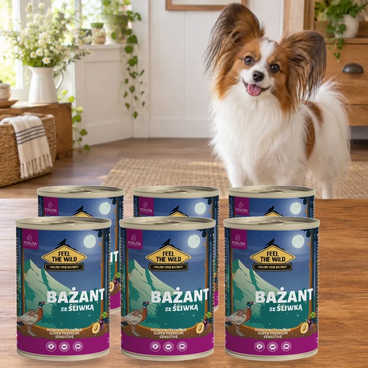 6x400g Bażant ze Śliwką Pokusa Feel The Wild monoproteinowa karma dla psa — w domu z psem