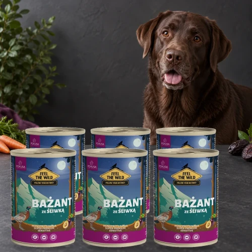 6x800g Bażant ze Śliwką Pokusa Feel The Wild monoproteinowa karma dla psa — z psem