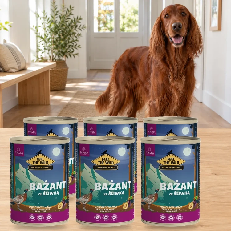 6x800g Bażant ze Śliwką Pokusa Feel The Wild monoproteinowa karma dla psa — w domu z psem
