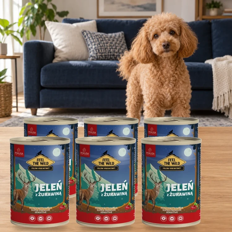 6x400g Jeleń z Żurawiną Pokusa Feel The Wild monoproteinowa karma dla psa — w domu z psem