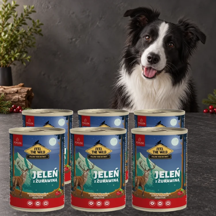 6x800g Jeleń z Żurawiną Pokusa Feel The Wild monoproteinowa karma dla psa — z psem