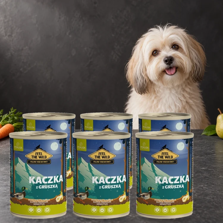 6x400g Kaczka z Gruszką Pokusa Feel The Wild monoproteinowa karma dla psa — z psem