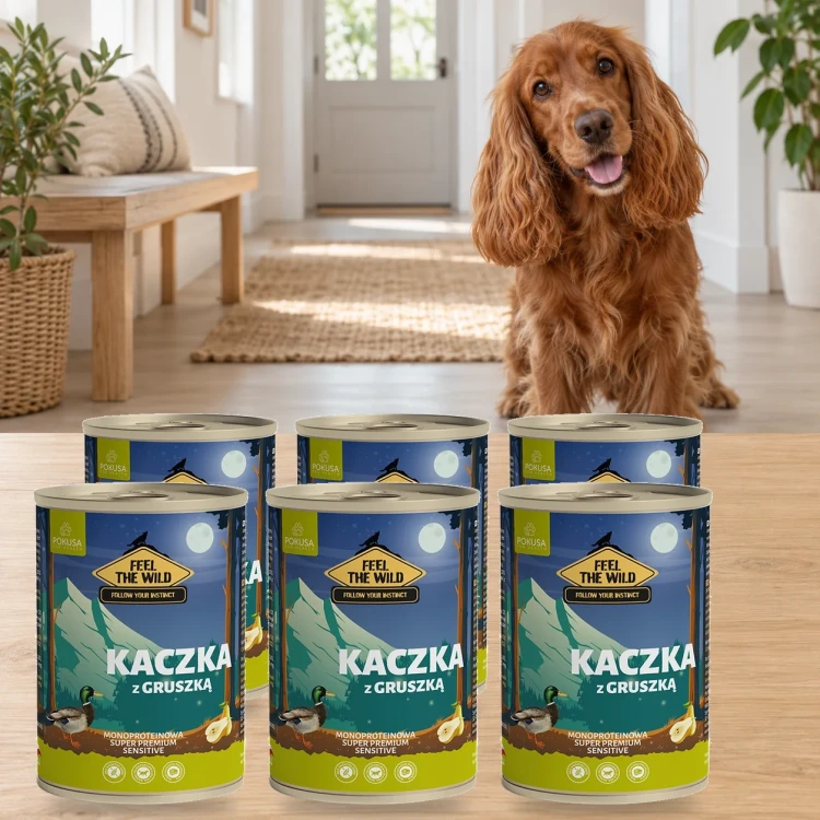 6x400g Kaczka z Gruszką Pokusa Feel The Wild monoproteinowa karma dla psa — w domu z psem
