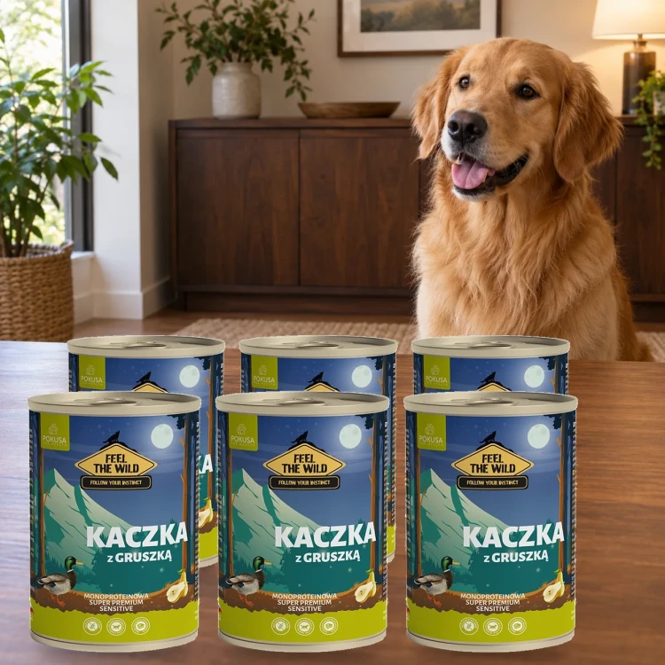 6x800g Kaczka z Gruszką Pokusa Feel The Wild monoproteinowa karma dla psa — w domu z psem