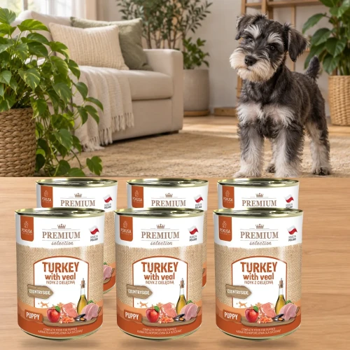 6x400g Indyk z Cielęciną Pokusa Premium Selection karma mokra dla psich szczeniąt — w domu z psem