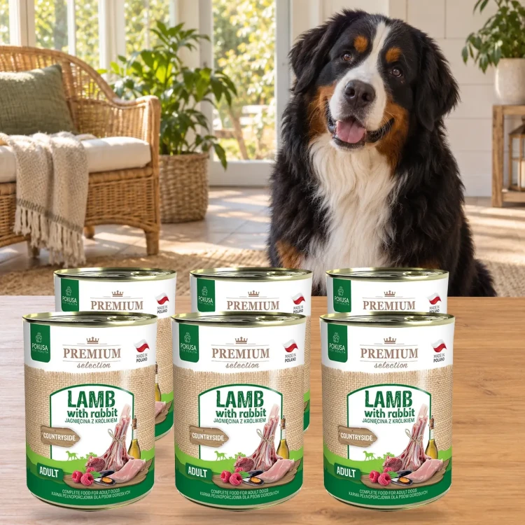 6x800g Jagnięcina z Królikiem Premium Selection Pokusa karma mokra dla dorosłych psów — w domu z psem