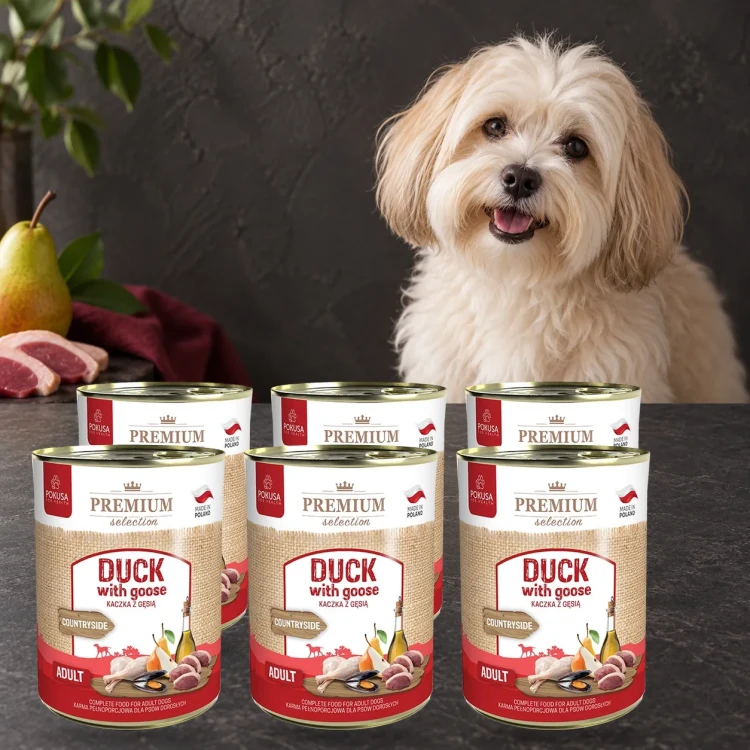 6x400g Kaczka z Gęsią Premium Selection Pokusa karma mokra dla dorosłych psów — z psem