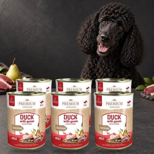 6x800g Kaczka z Gęsią Premium Selection Pokusa karma mokra dla dorosłych psów — z psem