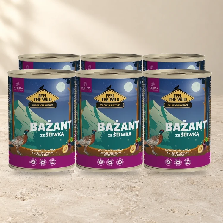 6x800g Bażant ze Śliwką Pokusa Feel The Wild monoproteinowa karma dla psa — na jasnym tle