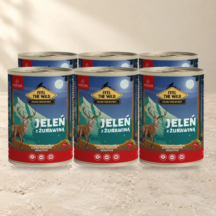6x400g Jeleń z Żurawiną Pokusa Feel The Wild monoproteinowa karma dla psa — na jasnym tle
