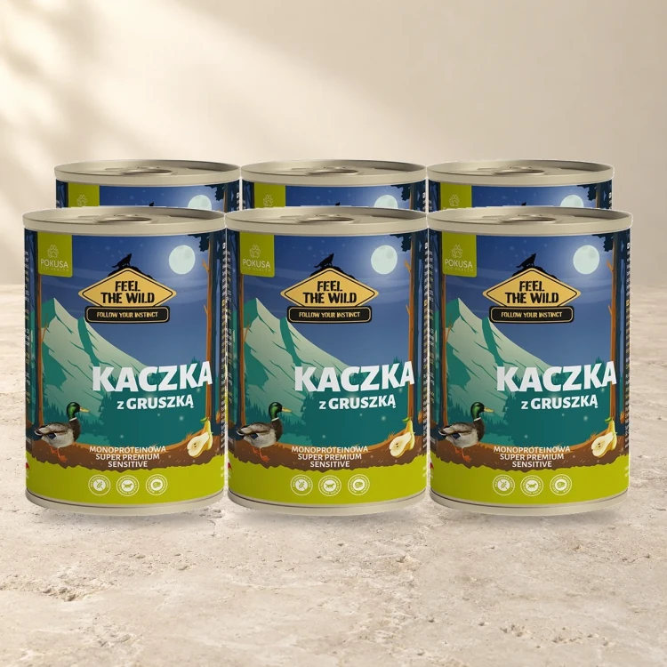 6x400g Kaczka z Gruszką Pokusa Feel The Wild monoproteinowa karma dla psa — na jasnym tle