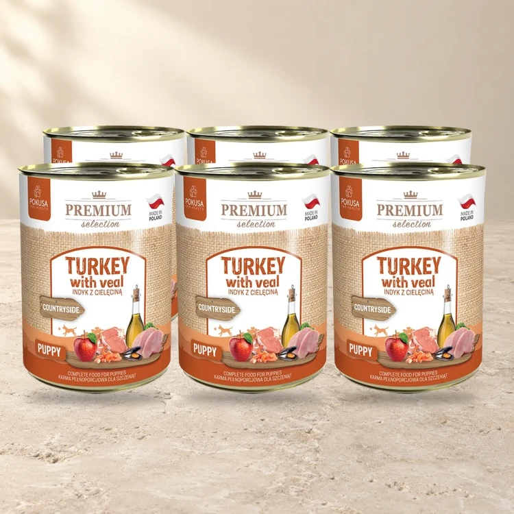 6x400g Indyk z Cielęciną Pokusa Premium Selection karma mokra dla psich szczeniąt — na jasnym tle