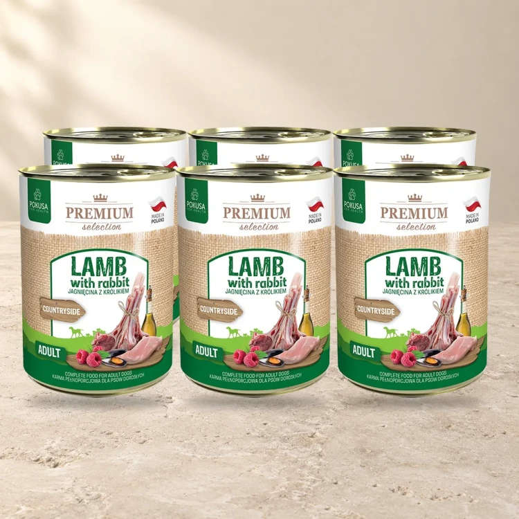 6x400g Jagnięcina z Królikiem Premium Selection Pokusa karma mokra dla dorosłych psów — na jasnym tle