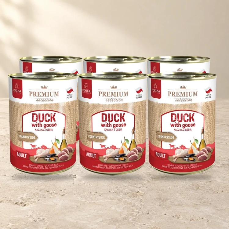 6x400g Kaczka z Gęsią Premium Selection Pokusa karma mokra dla dorosłych psów — na jasnym tle
