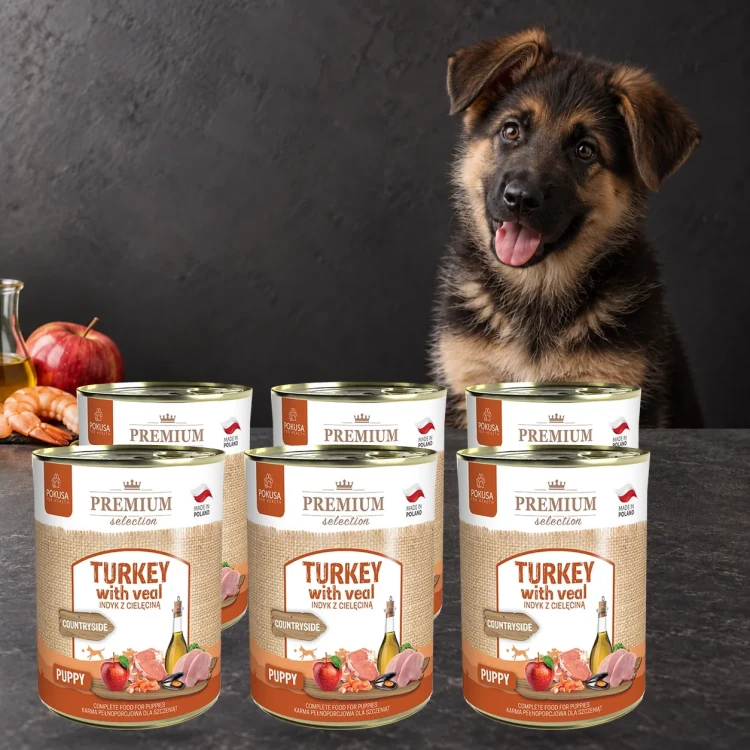 6x800g Indyk z Cielęciną Pokusa Premium Selection karma mokra dla psich szczeniąt — z psem