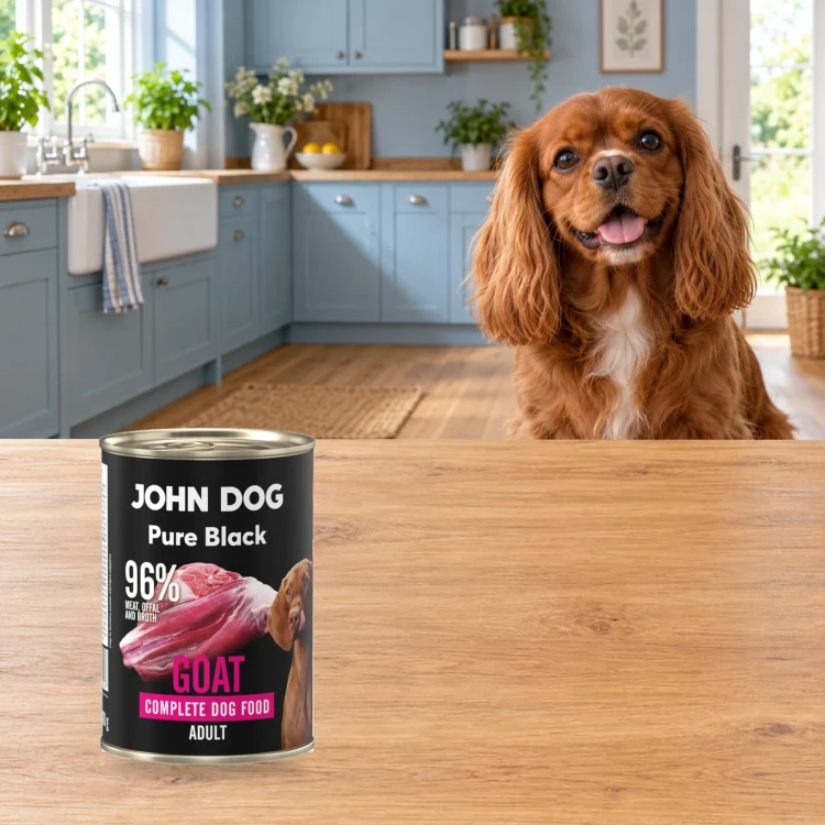 Puszka karmy mokrej John Dog Kozina Pure Black 400 g obok psa w domu