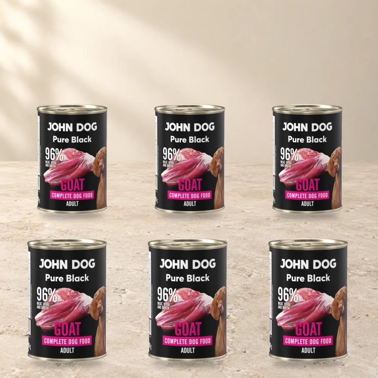 Zestaw 6 puszek karmy mokrej John Dog Kozina Pure Black po 400 g na jasnym tle