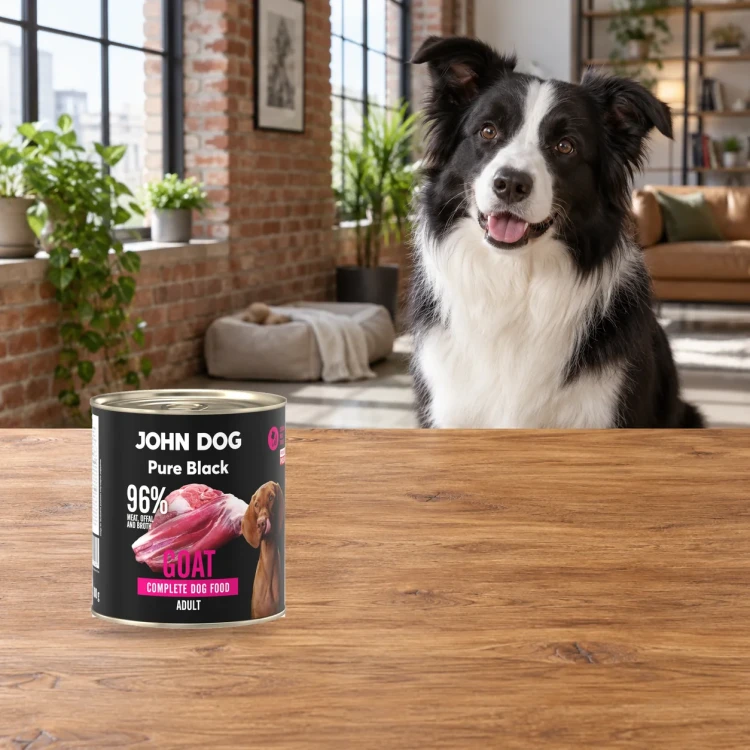 Puszka karmy mokrej John Dog Kozina Pure Black 800 g obok psa w domu