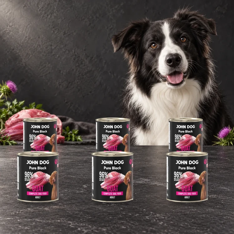 Zestaw 6 puszek karmy mokrej John Dog Kozina Pure Black po 800 g obok psa