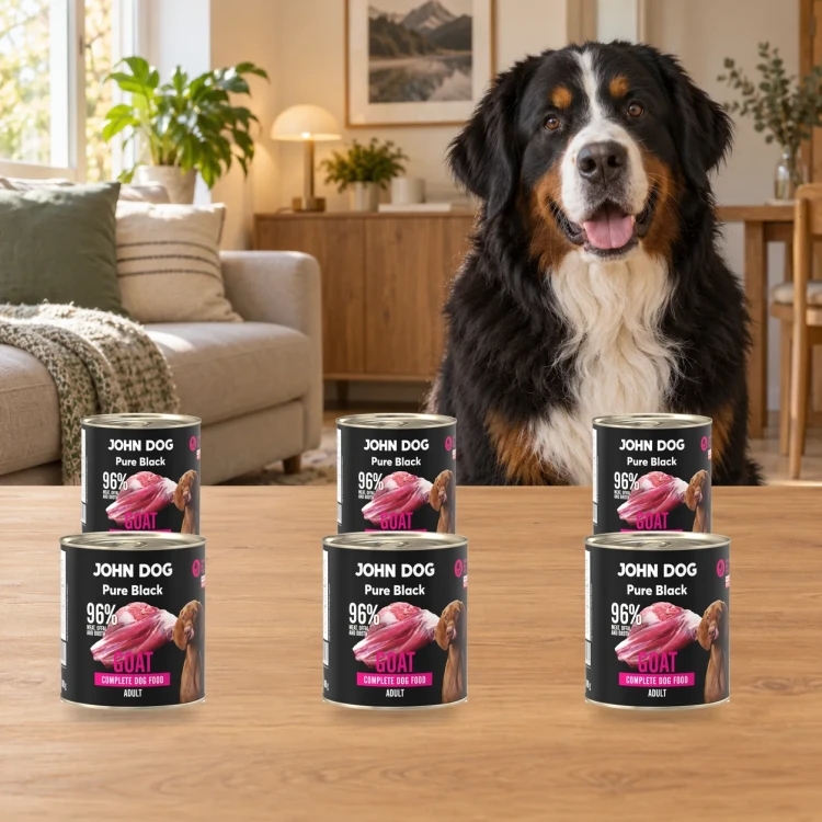 Zestaw 6 puszek karmy mokrej John Dog Kozina Pure Black po 800 g obok psa w domu