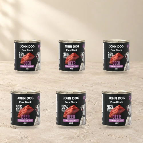 Zestaw 6 puszek karmy mokrej John Dog Jeleń Pure Black po 800 g na jasnym tle
