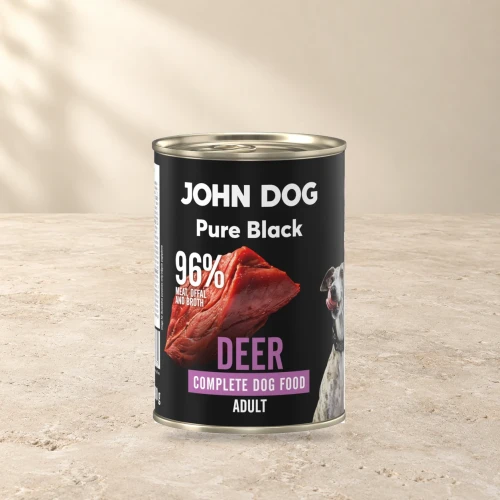 Puszka karmy mokrej John Dog Jeleń Pure Black 400 g na jasnym tle