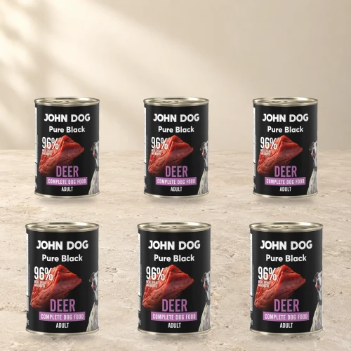 Zestaw 6 puszek karmy mokrej John Dog Jeleń Pure Black po 400 g na jasnym tle
