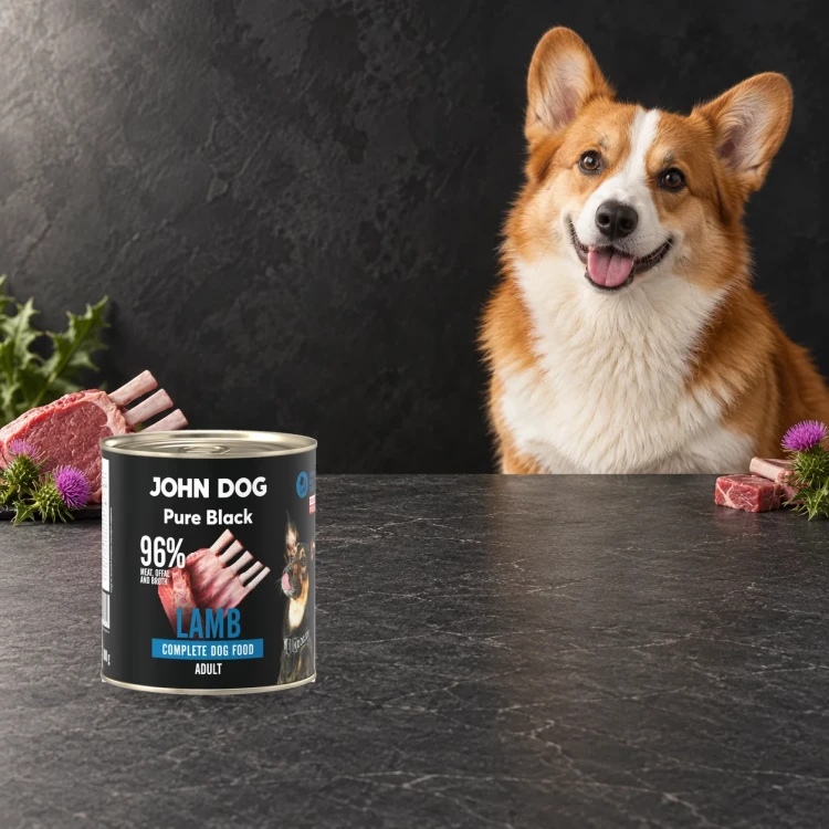 Puszka karmy mokrej John Dog Jagnięcina Pure Black 800 g obok psa