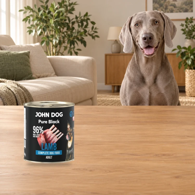 Puszka karmy mokrej John Dog Jagnięcina Pure Black 800 g obok psa w domu