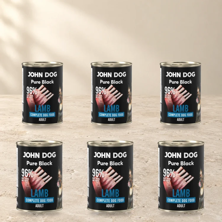 Zestaw 6 puszek karmy mokrej John Dog Jagnięcina Pure Black po 400 g na jasnym tle