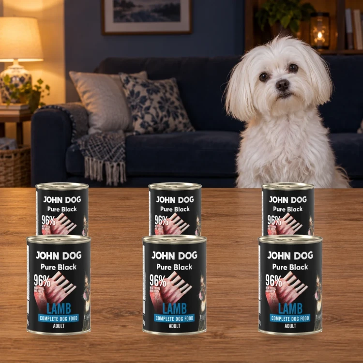 Zestaw 6 puszek karmy mokrej John Dog Jagnięcina Pure Black po 400 g obok psa w domu