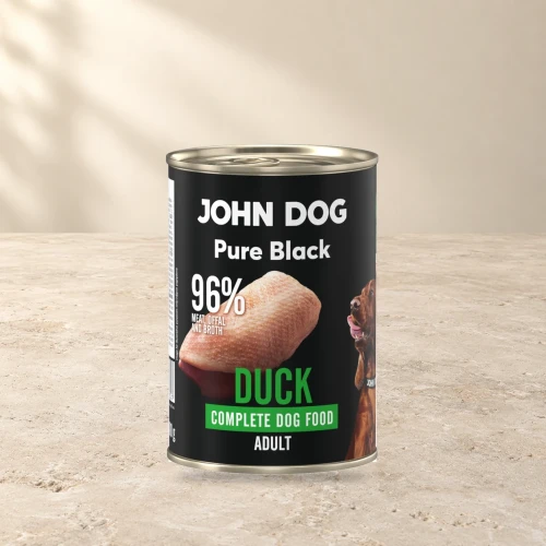 Puszka karmy mokrej John Dog Kaczka Pure Black 400 g na jasnym tle
