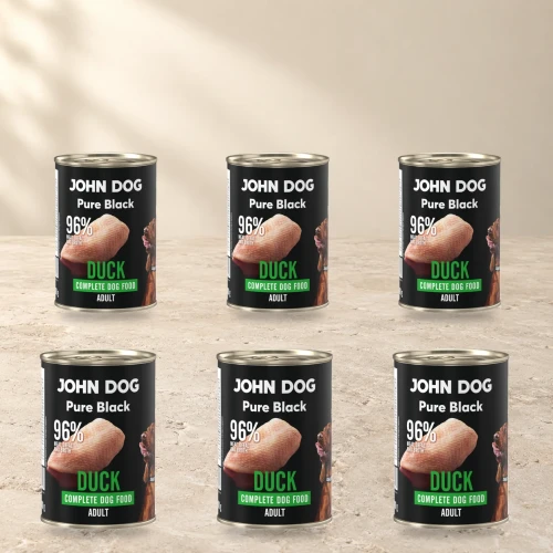 Zestaw 6 puszek karmy mokrej John Dog Kaczka Pure Black po 400 g na jasnym tle